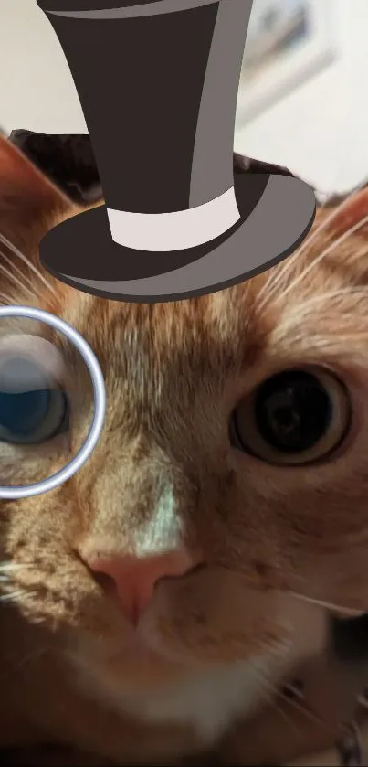 Funny cat with top hat and monocle on wallpaper.