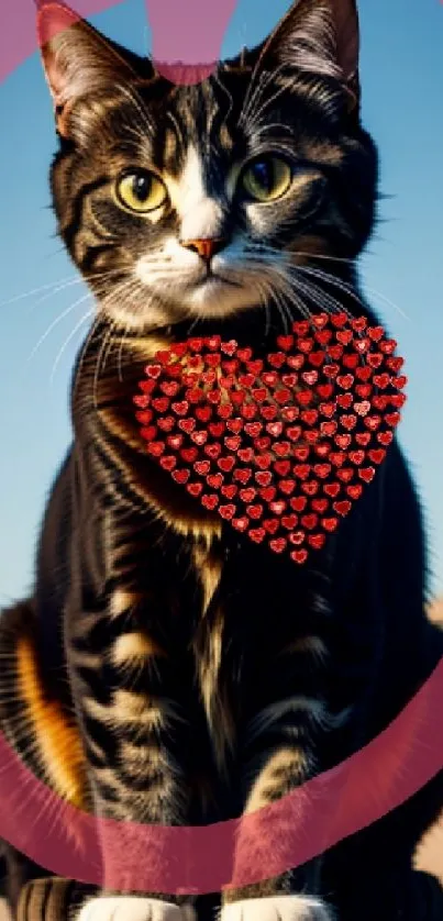 Charming cat with a heart-shaped design on a sky blue background.