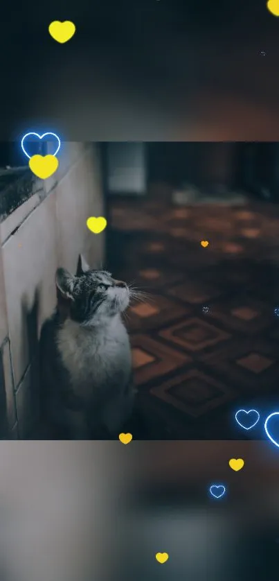 Curious cat with glowing heart shapes on screen.