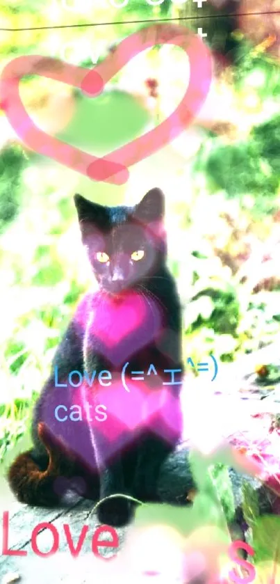 Black cat with colorful love hearts and green nature background.