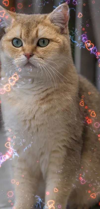 Fluffy beige cat with neon heart patterns in background.