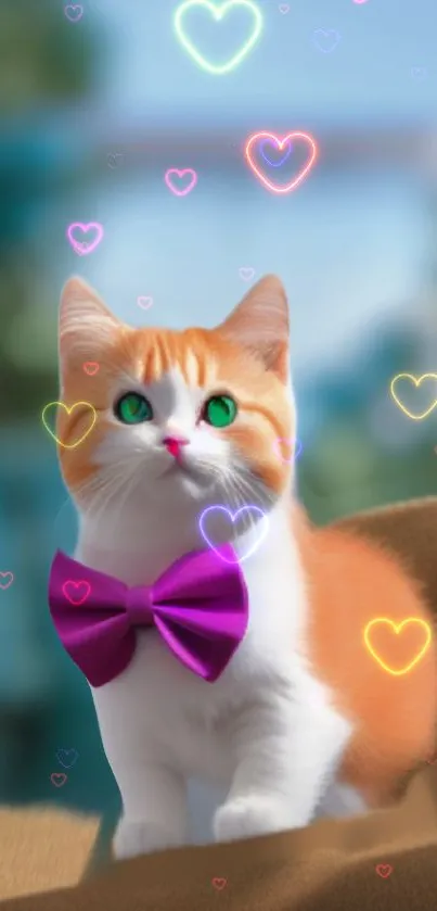 Cute orange and white cat with neon hearts and a purple bow tie.