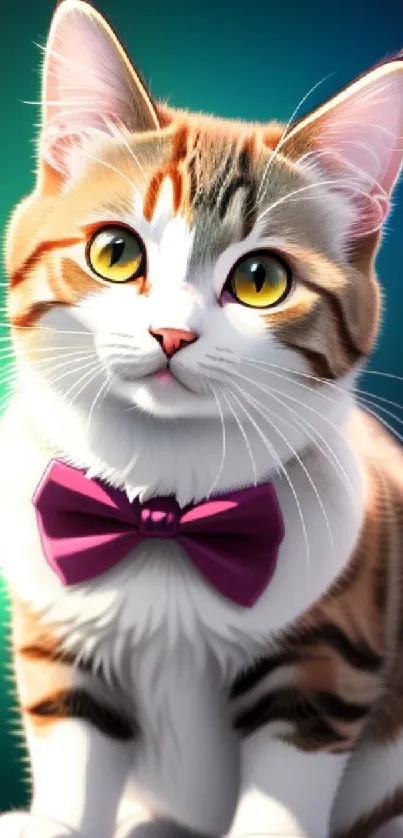 Cute kitten with purple bow on a vibrant background.