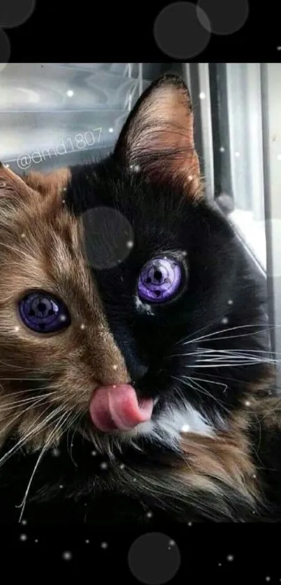 Cat with purple eyes on a two-toned face.