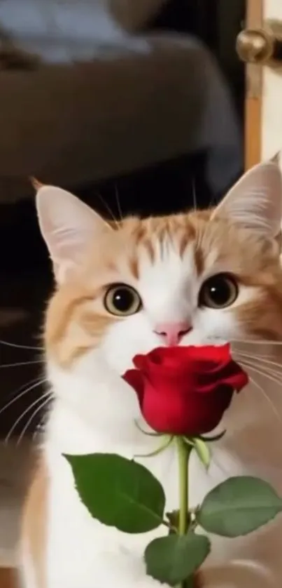 Charming ginger cat holding a red rose, creating a cute and romantic scene.