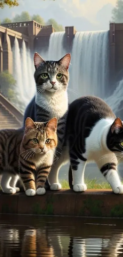 Three cats stand by a waterfall, offering a serene and charming mobile wallpaper.