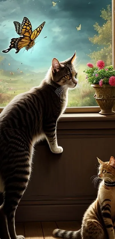 Two cats at a window with butterflies and nature view.