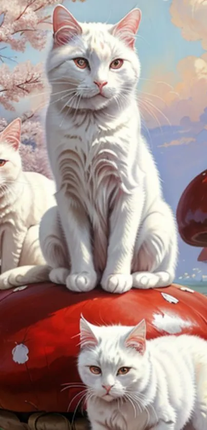 Three white cats sit on red mushrooms in a fantasy landscape.