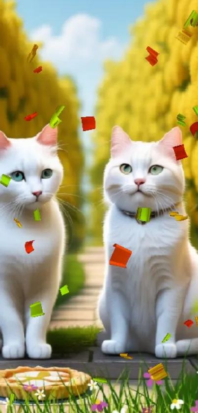 Two white cats sitting in a vibrant yellow flower path.