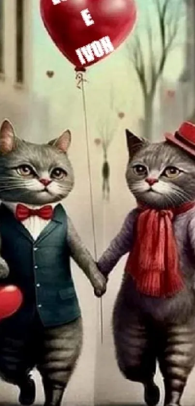 Two charming cats holding a heart balloon.