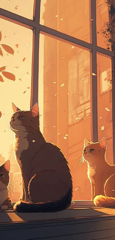 Three cats sitting by a sunlit window with autumn leaves outside.