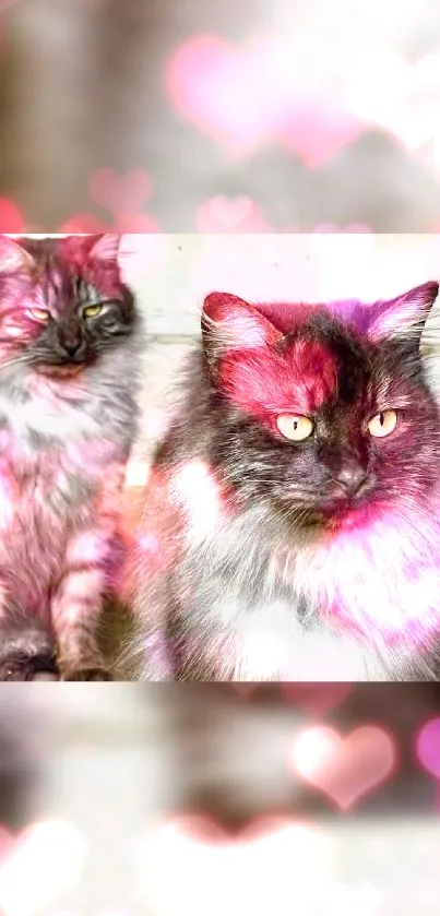 Two fluffy cats with glowing pink hearts on wallpaper.