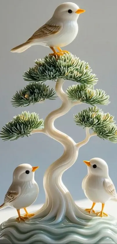 Ceramic birds on a stylized tree sculpture.