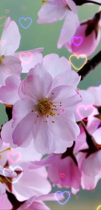 Pink cherry blossoms with colorful hearts on a mobile wallpaper.