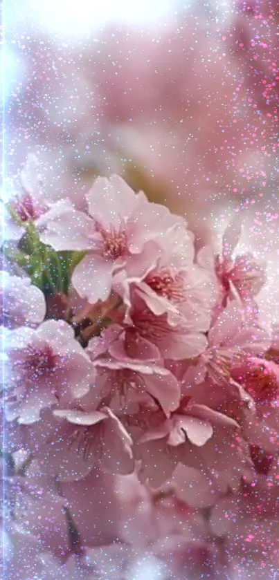 Cherry blossom wallpaper with pink flowers and a sparkling effect.