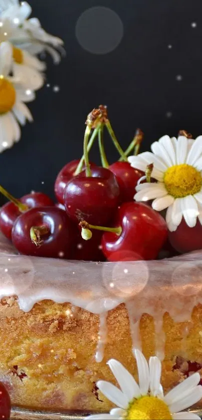 A charming cake adorned with fresh cherries and daisies on a stylish background.