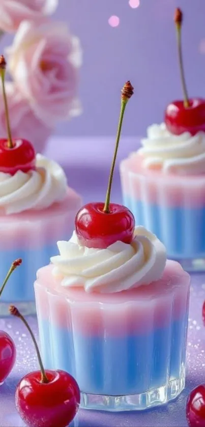 Colorful dessert with cherry on top and pastel background.