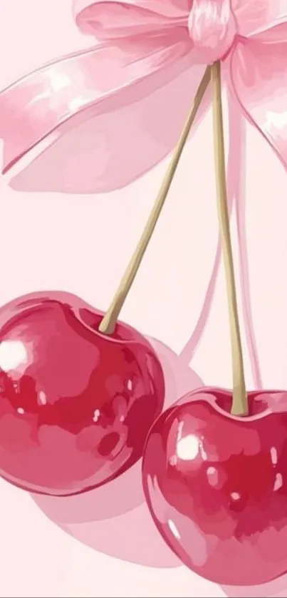 Pink cherries with a glossy look and a ribbon bow.