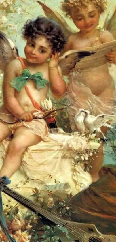 Vintage cherubs with musical instrument in floral setting.