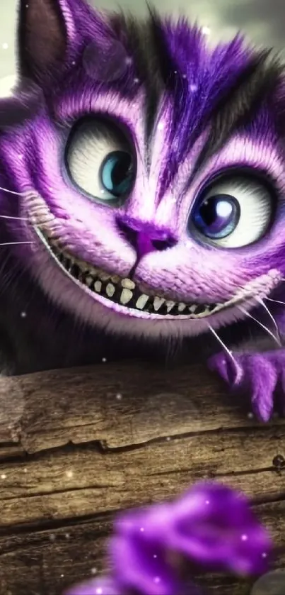 Fantasy Cheshire Cat in vibrant purple with big eyes and a mischievous grin.