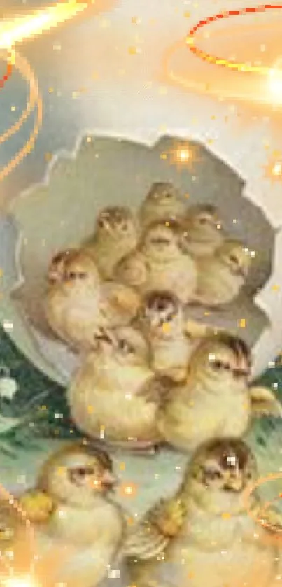 Adorable chicks emerge from an eggshell amidst golden swirls.