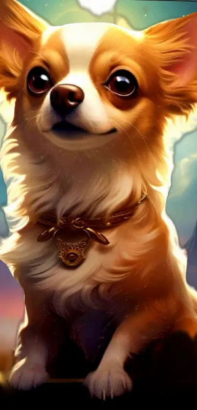 Chihuahua in a fantasy setting with a decorative necklace.