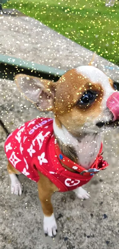 Cute Chihuahua in a red outfit with golden sparkles.