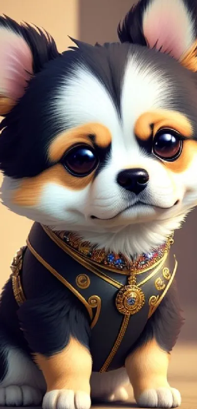 Adorable chihuahua in royal attire with big eyes and elegant accessories.