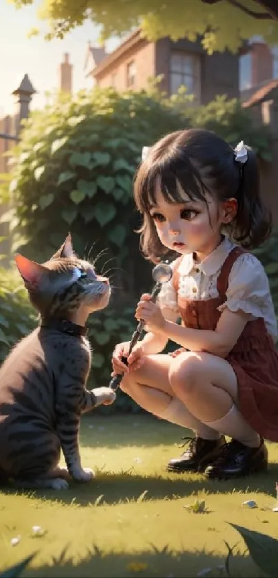 A girl and cat in a sunlit garden, creating a whimsical and serene atmosphere.