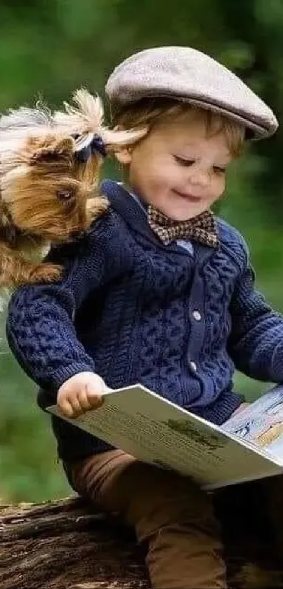 Child reading with a dog on a log in a lush green setting.