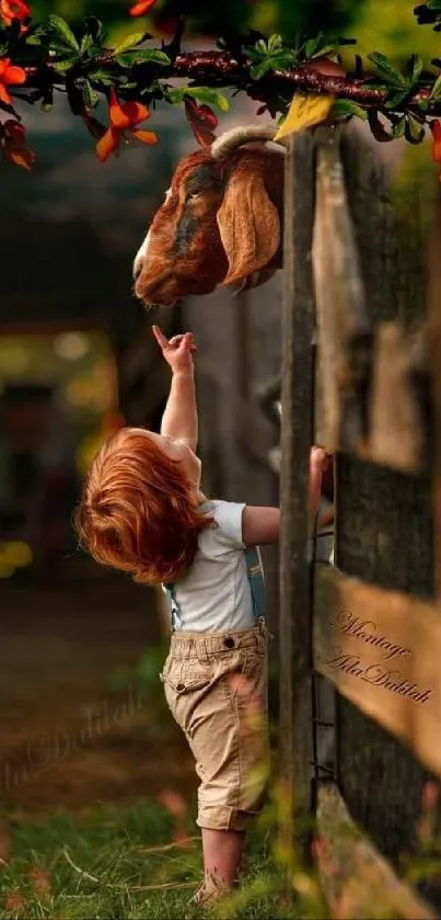 Child reaching out to a goat in a rustic setting.