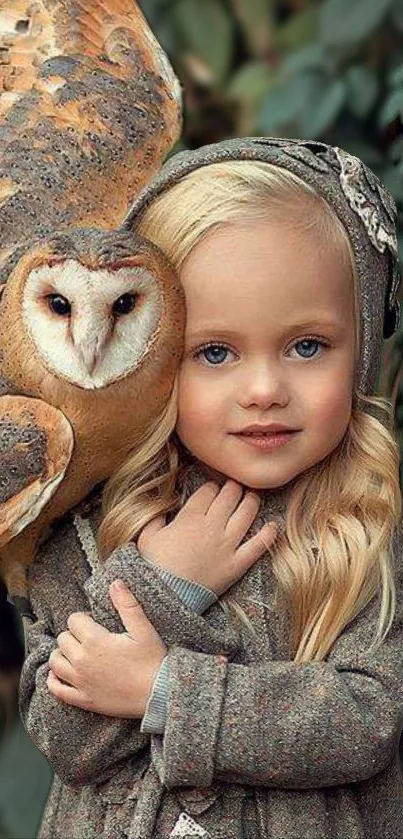 Child with a barn owl in a beautiful natural setting, ideal for mobile wallpaper.