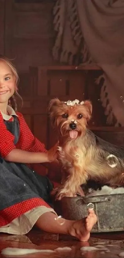 Young girl with a dog in a rustic bubble-filled setting.