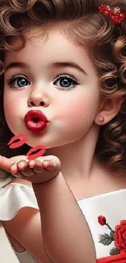 Cute child with curly hair blowing a kiss.