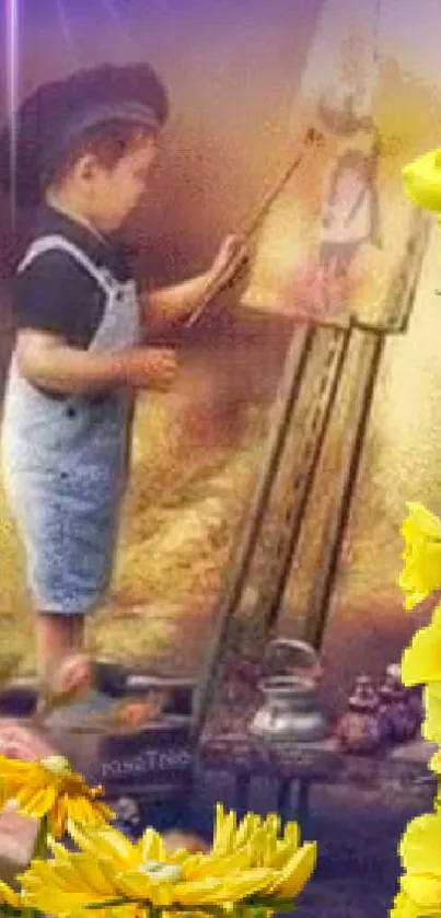 Young child painting with vibrant yellow floral accents.