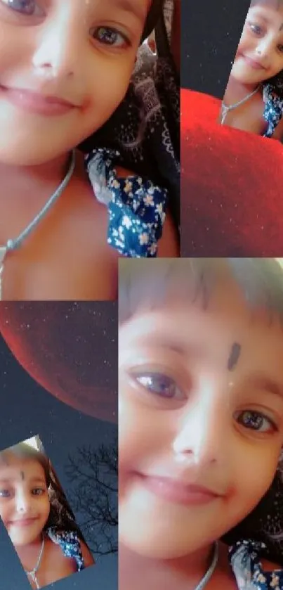 Collage of a smiling child with a cosmic background, featuring dark red tones.