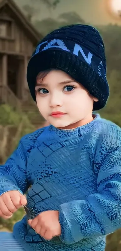 Adorable child in blue sweater standing outside a wooden cabin.