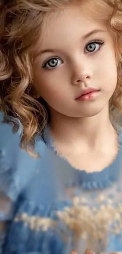 Beautiful child with curly hair in a blue dress, looking dreamily ahead.