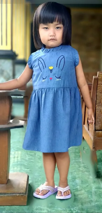 Child wearing a denim dress with bunny design standing indoors.