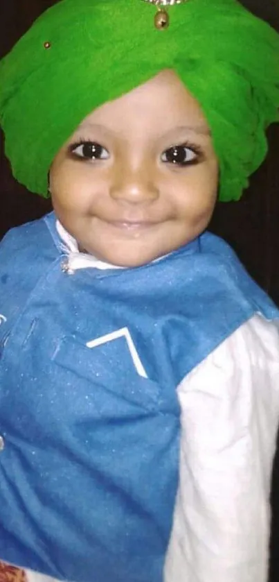 Smiling child in green turban and blue vest.