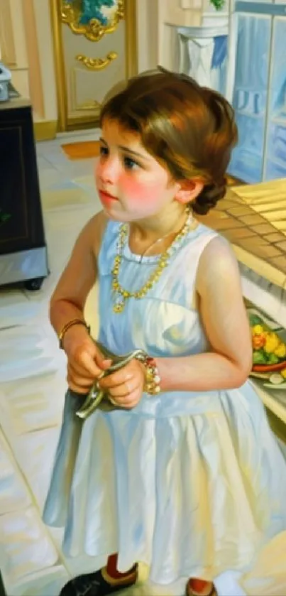 Child in a colorful kitchen setting, artfully depicted.