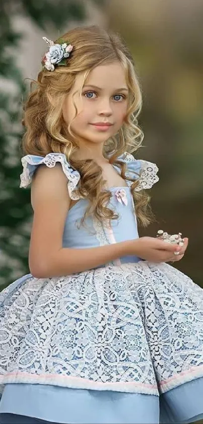 Adorable girl in a blue lace dress with floral accents.