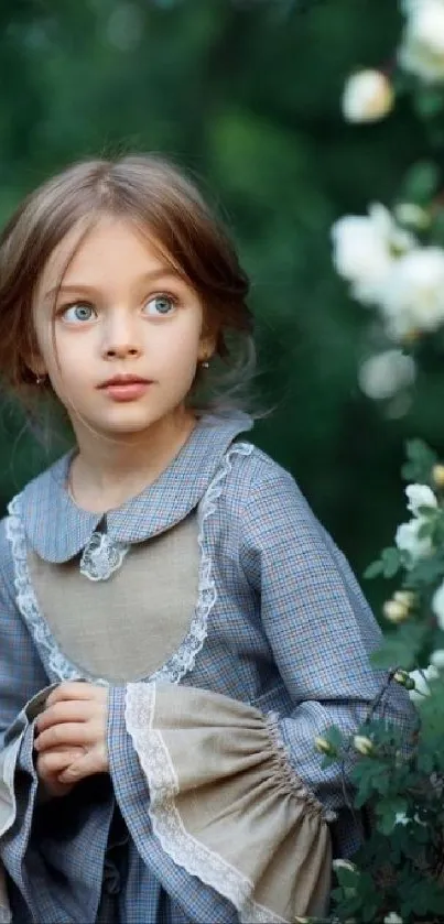 Charming child in vintage dress with forest green background and flowers.