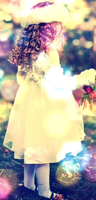 Little girl in a white dress holding a bell in a natural, vintage setting.