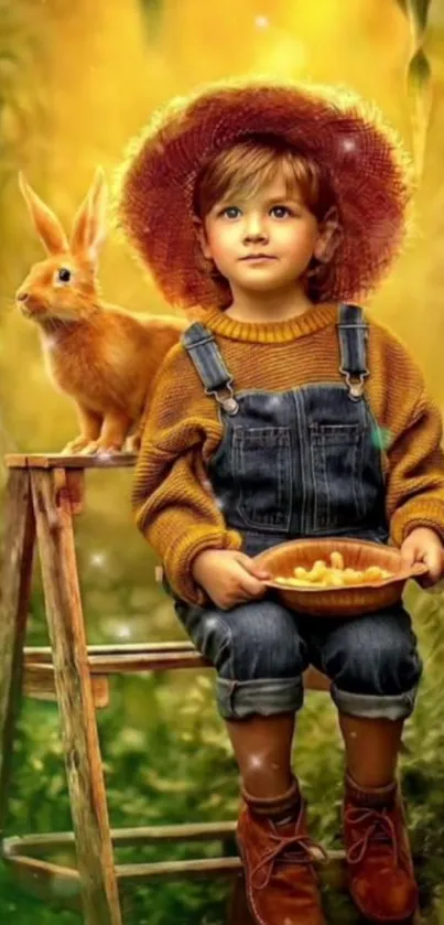 Child in rustic attire with rabbit in a vibrant forest setting.