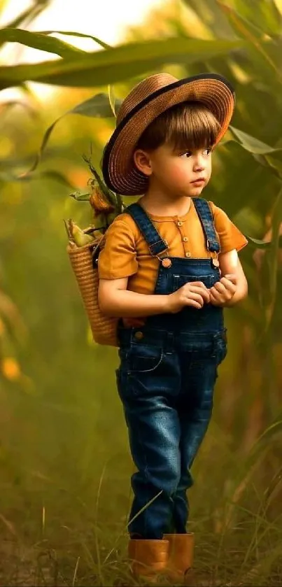 Child in nature with straw hat and denim outfit in vibrant green setting.