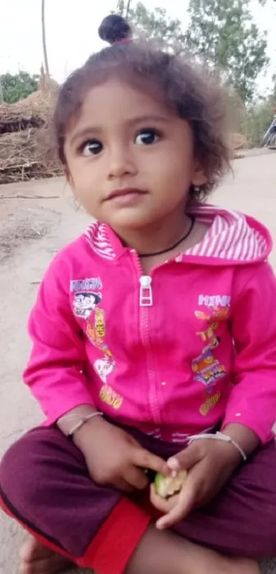 Adorable child in pink jacket sitting outdoors, looking curious.