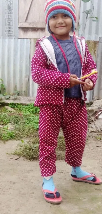 Child in red polka dot outfit with colorful hat, standing outdoors.