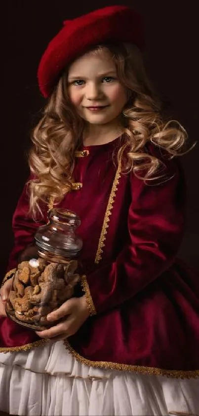 A young girl in burgundy dress holding a jar with nuts, against a dark background.