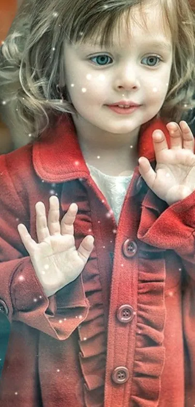 Cute child in a red coat with a dreamy bokeh background.